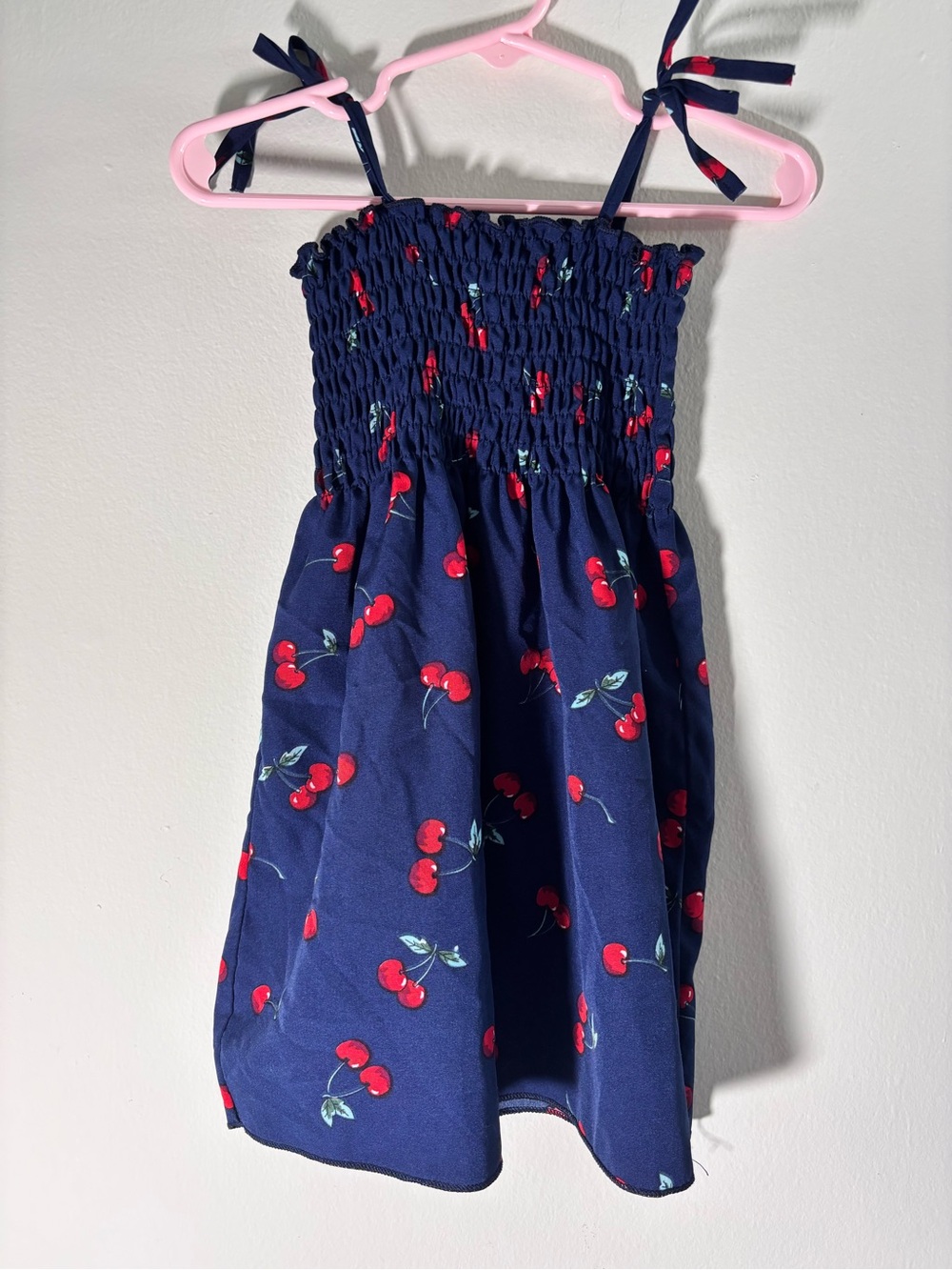 Girls Navy Cherry Print Sundress with Tie Straps